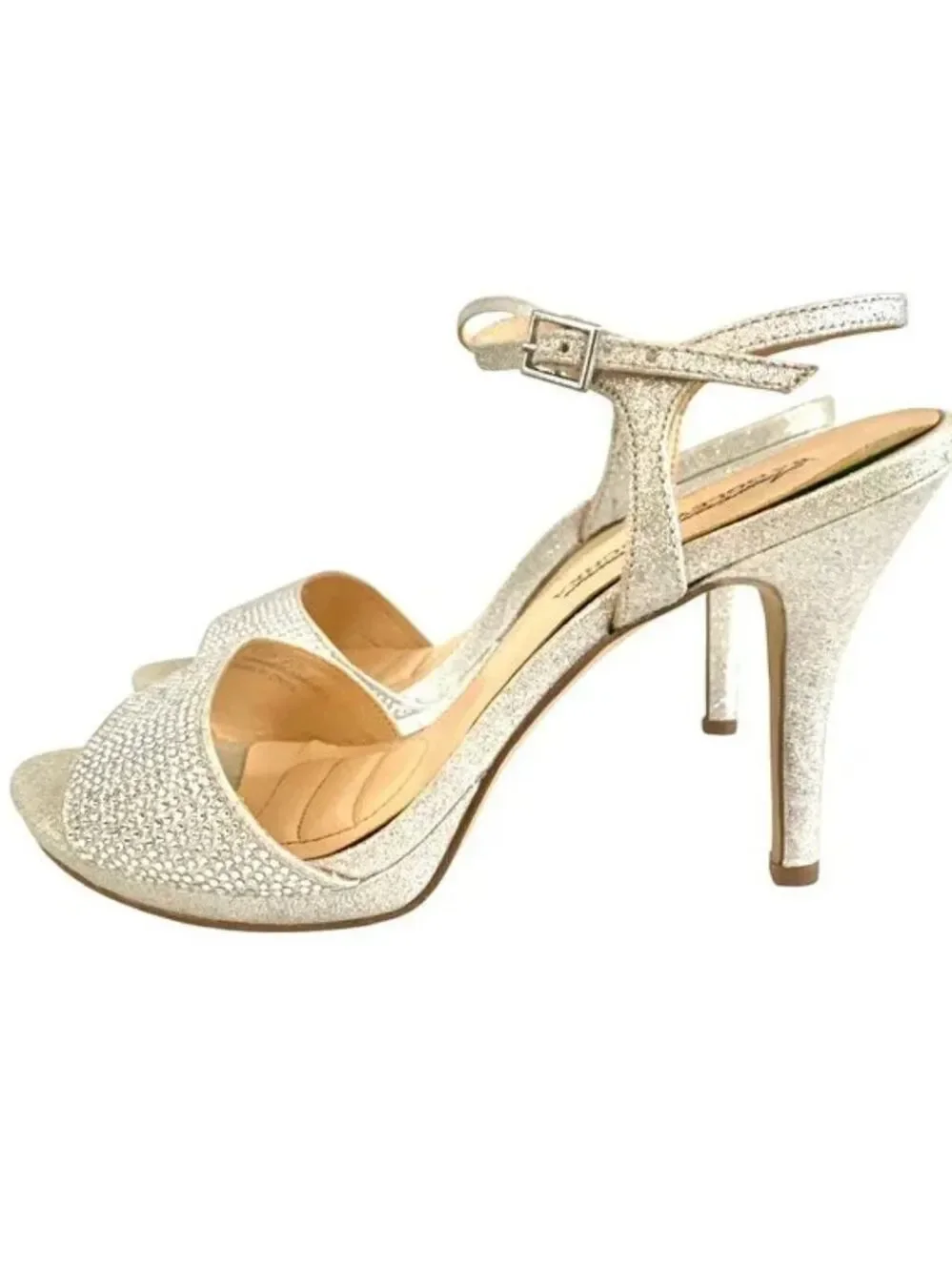 American Glamour Badgley Mischka Silver Sparkle Sandal Strappy Heels Formal 7.5